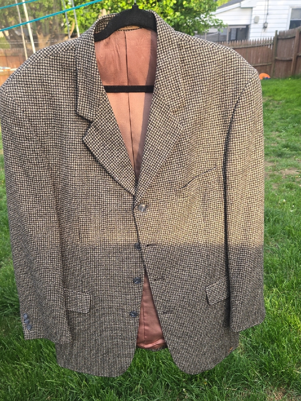 Men’s Silk Wool Blend Houndstooth Blazer Vintage Sport Coat Brown Tailored